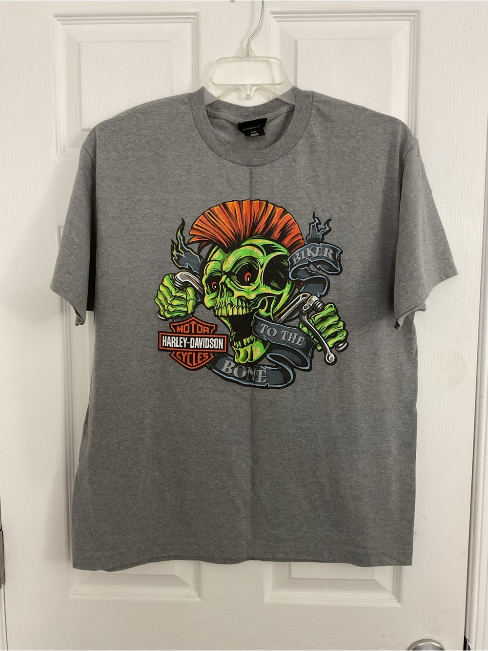 Harley‑Davidson Gray Short-Sleeve Tee with Neon Green & Orange Skull Graphic